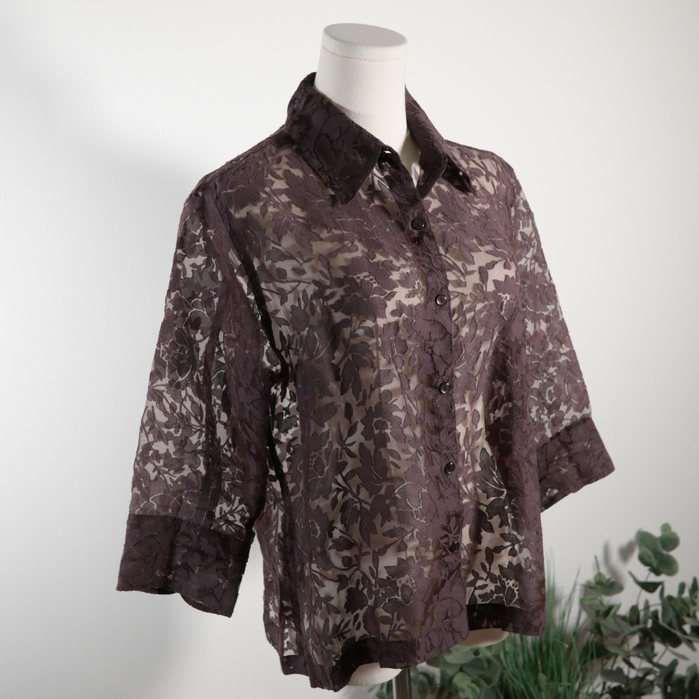 Elementz Womens Brown Floral Burnout Sheer Button Up Shirt 3/4 Sleeve Size M